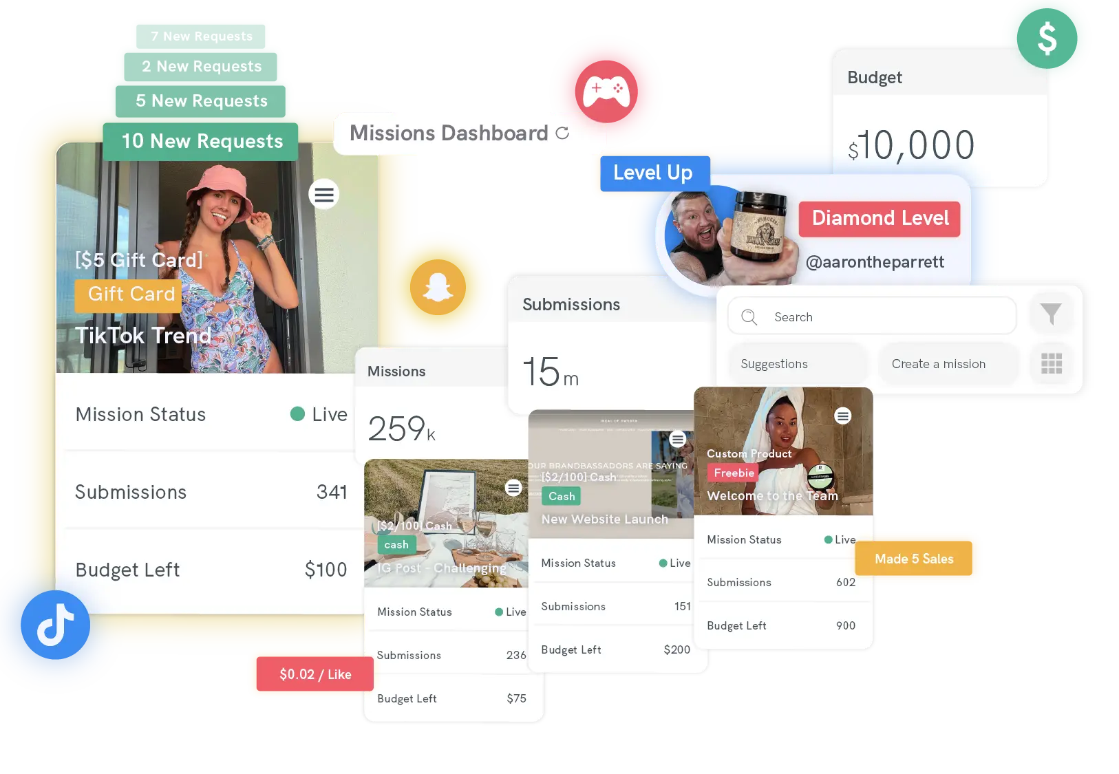 Missions (tasks) of your creator marketing dashboard.