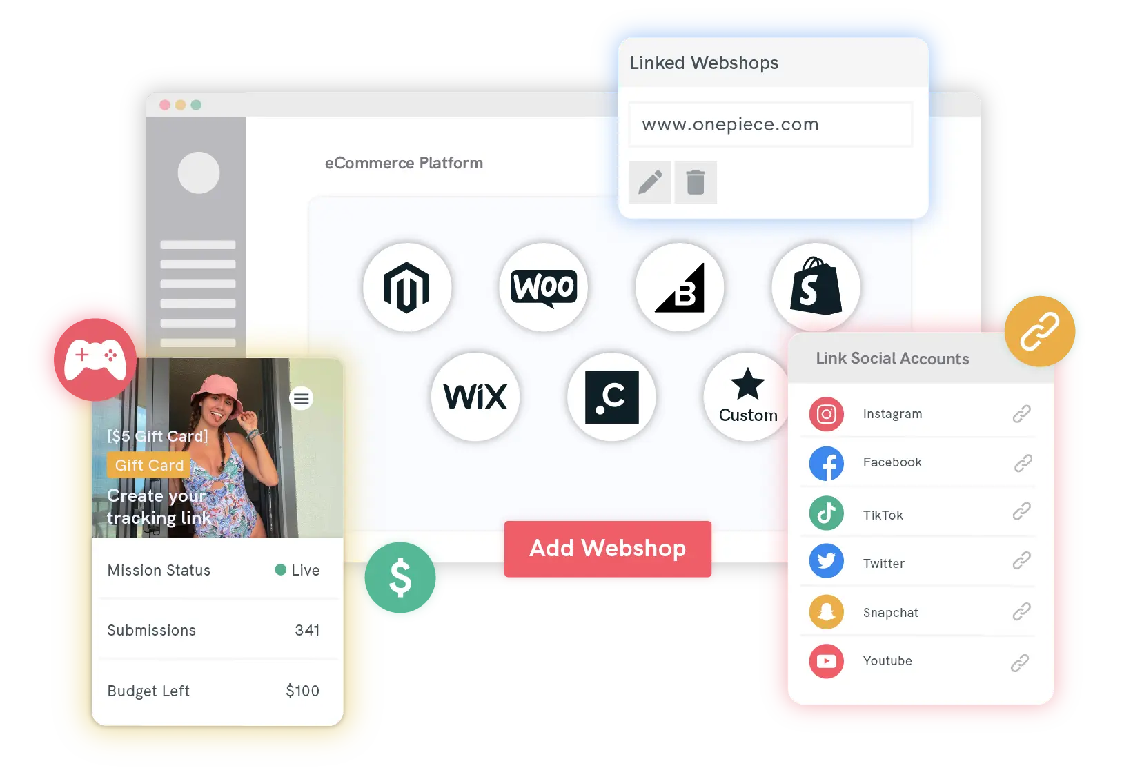 eCommerce and social media integrations with Brandbassadors marketing tool