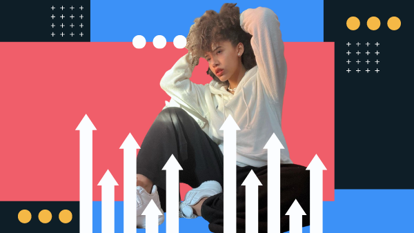 Woman sitting and holding her hair. White arrows point upwards from the bottom of the graphic.